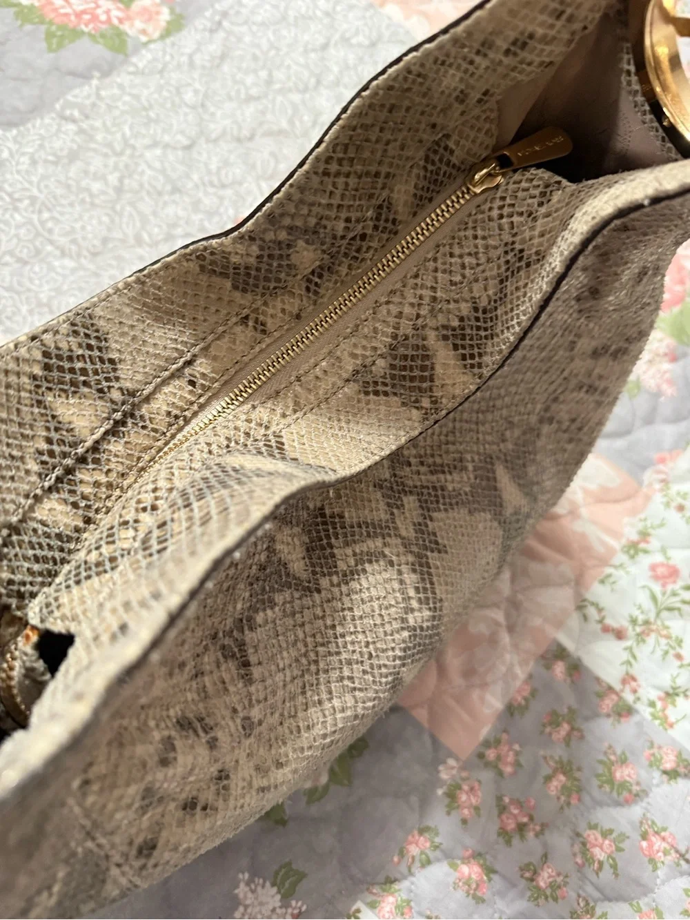 Michael Kors Beige Snake-Print Hobo with Gold Hardware